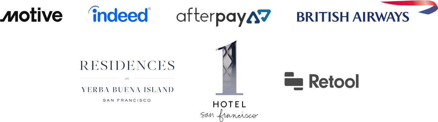 Logo collage of partners including Indeed, Afterpay, British Airways, Residences, Hotel, and Retool