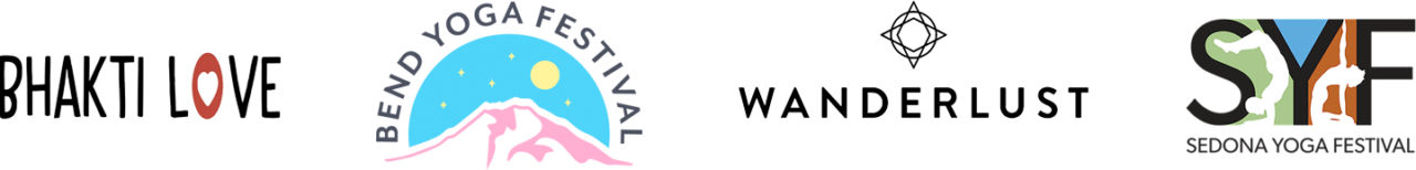 Logos for Bhakti Love, Dev Yoda Festival, Wanderlust, and SYF on a white background