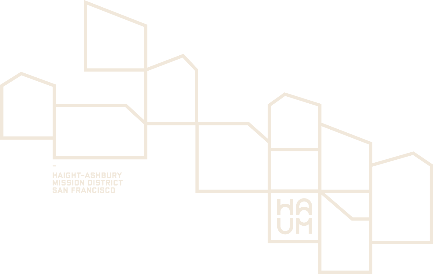 Abstract beige line drawing of connected houses on a white background, with faint San Francisco and HAUM text