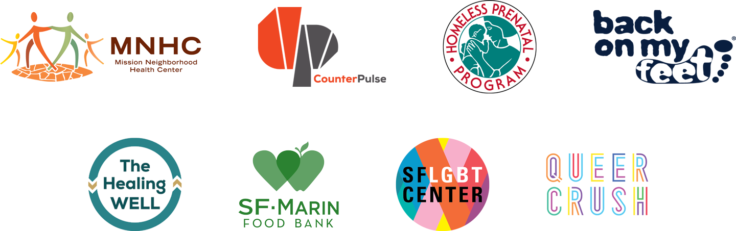 Sponsor logos on a white background, including MNHC, Back on My Feet, The HIVE, SF Marin Food Bank, and Queer Crush.
