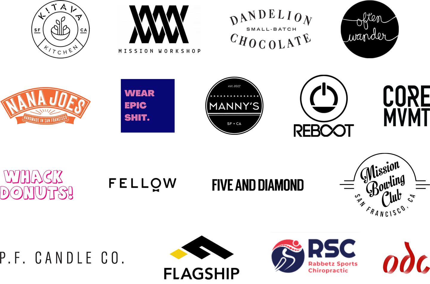 Collage of assorted brand logos and names on a white background