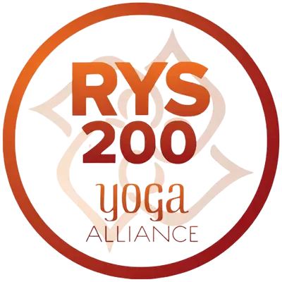 Orange circular RYS 200 Yoga Alliance logo with black text and star design