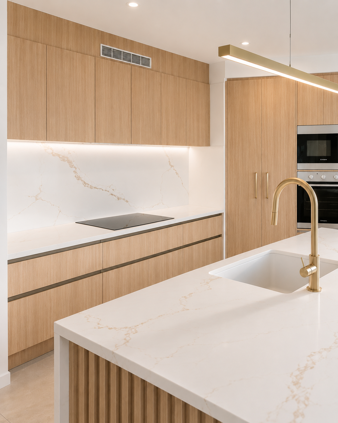Modern Minimalist Kitchen With Wood Cabinets, White Marble Counters — Reynolds Built In Alexandra Headlands, QLD