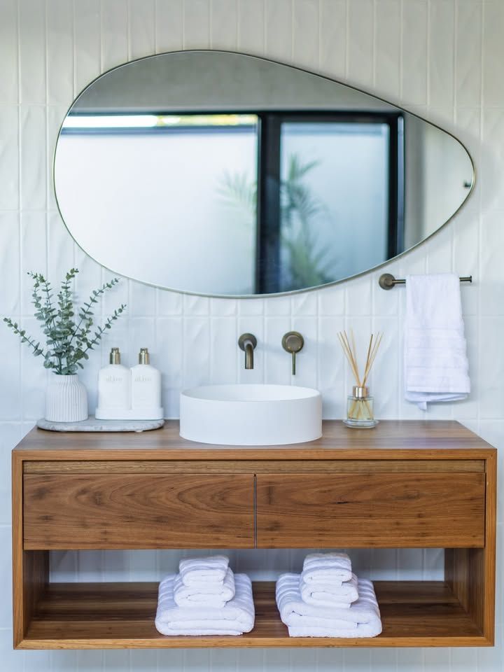 A Bathroom With Two Sinks And A Large Mirror — Reynolds Built In Moffat Beach, QLD