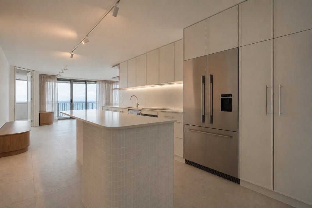Bright Modern White Kitchen With Island, Built-in Refrigerator — Reynolds Built In Moffat Beach, QLD