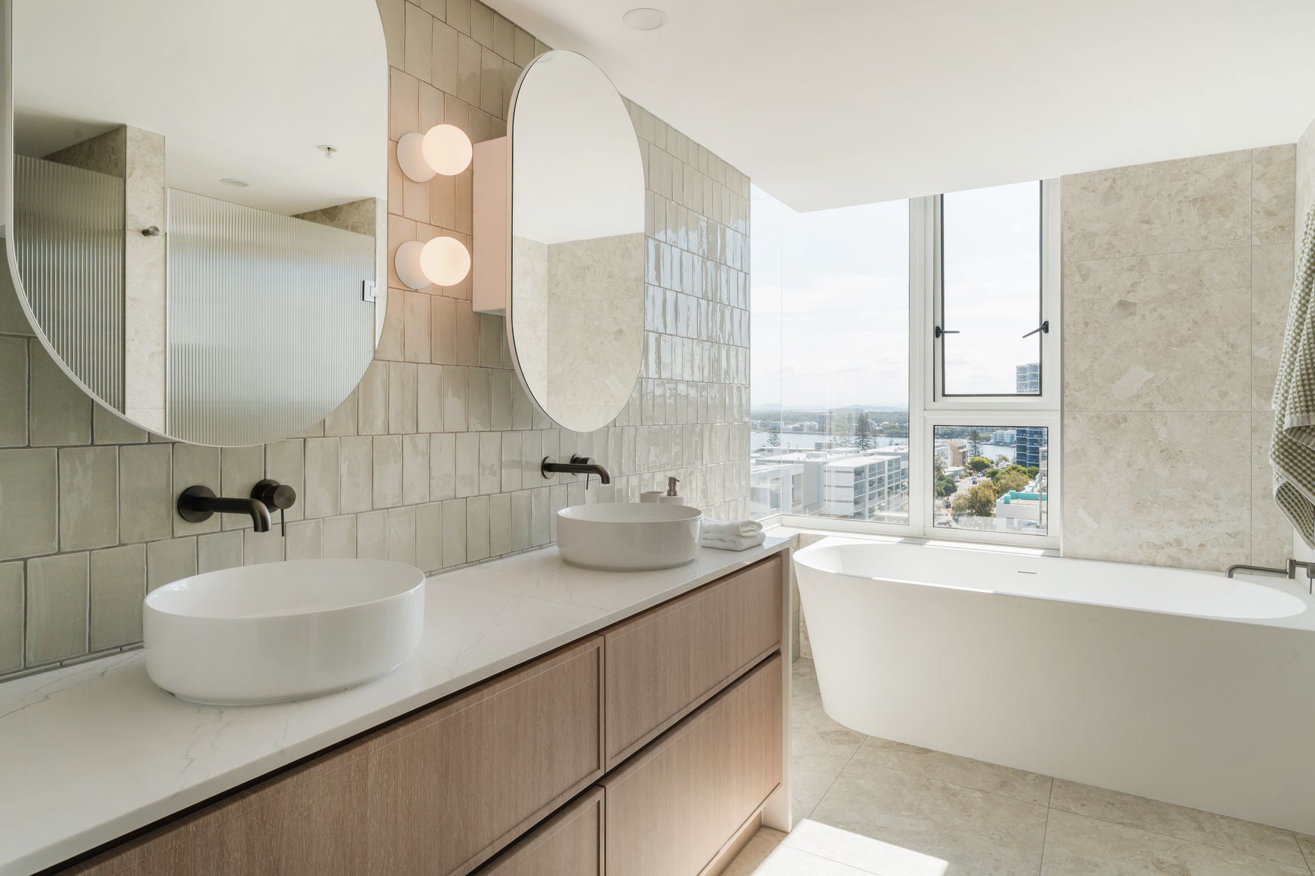 Modern Bathroom with Double Sinks, Arched Mirrors — Reynolds Built in Moffat Beach, QLD