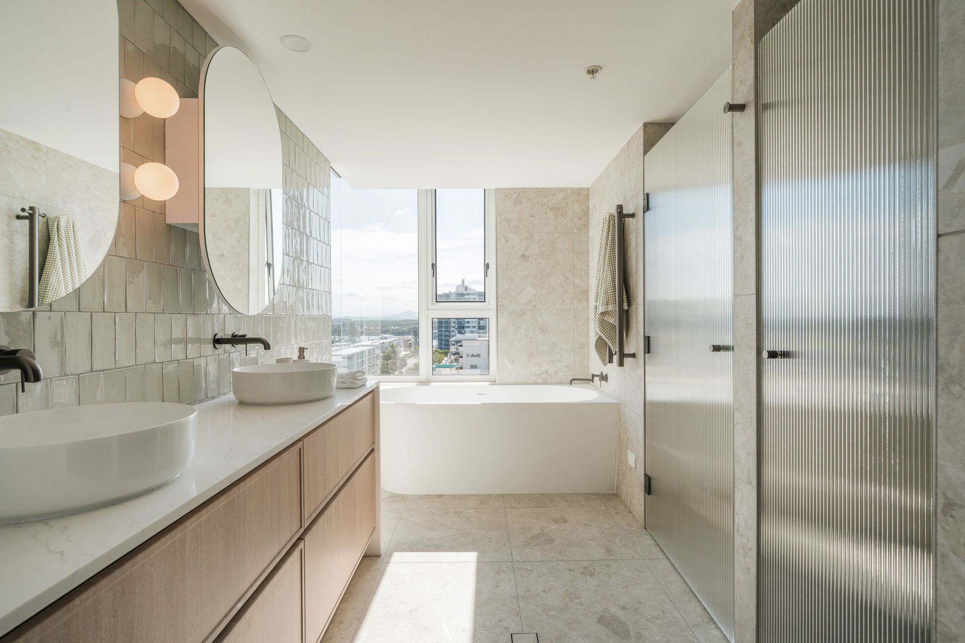 Modern Bathroom with Double Vanity, Large Mirror, Walk-In Shower — Reynolds Built in Moffat Beach, QLD