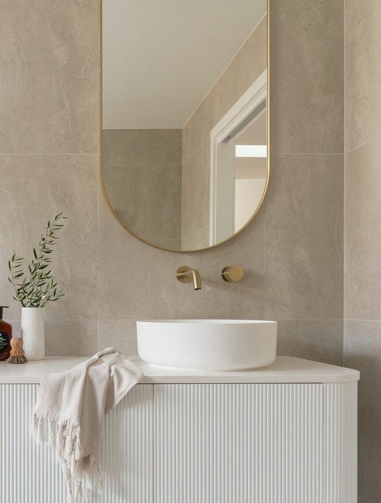 Minimal Beige Bathroom Vanity With Round Mirror, White Vessel Sink — Reynolds Built In Caloundra, QLD
