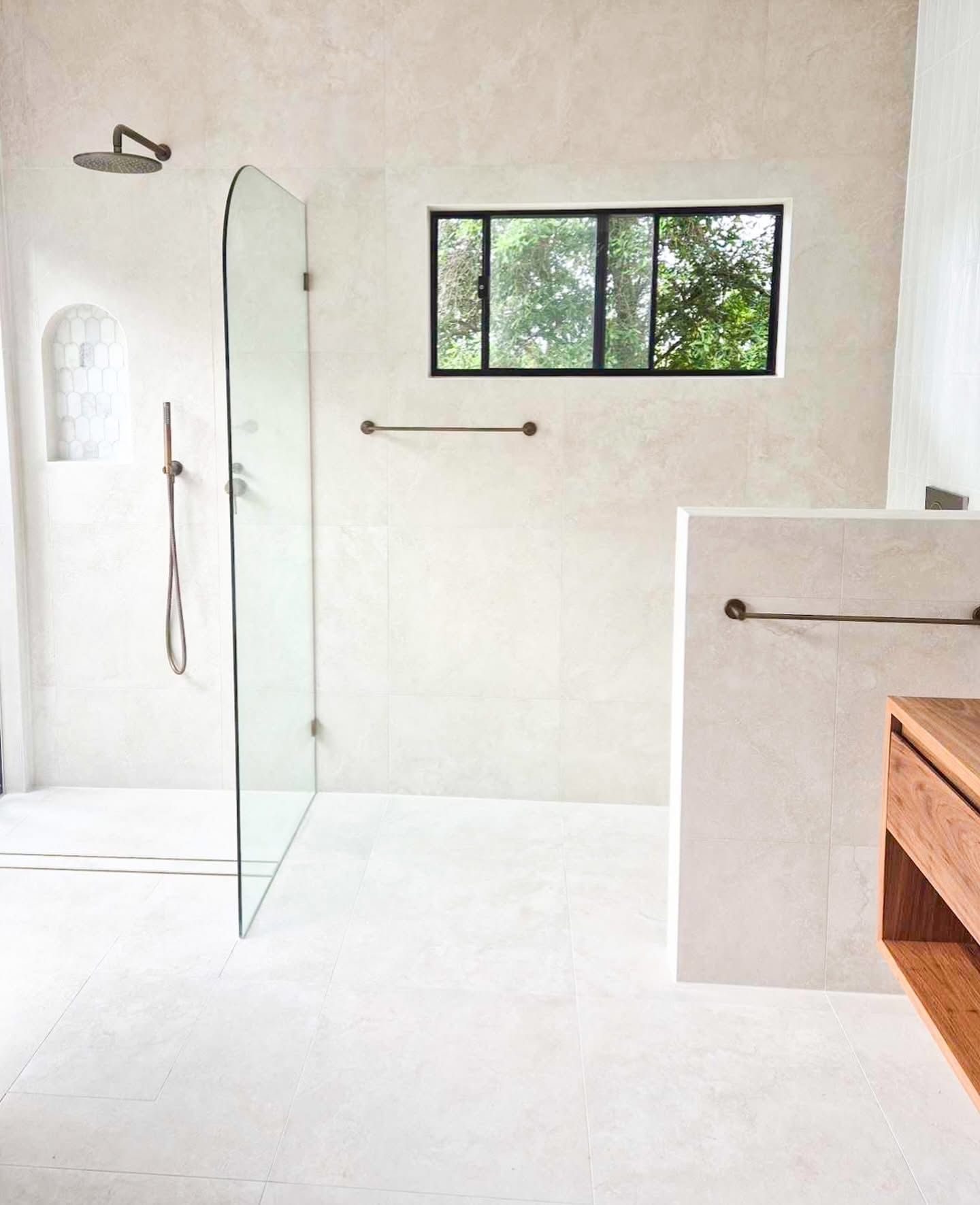 Minimal White Bathroom With Glass Shower Partition, Small Window — Reynolds Built In Caloundra, QLD
