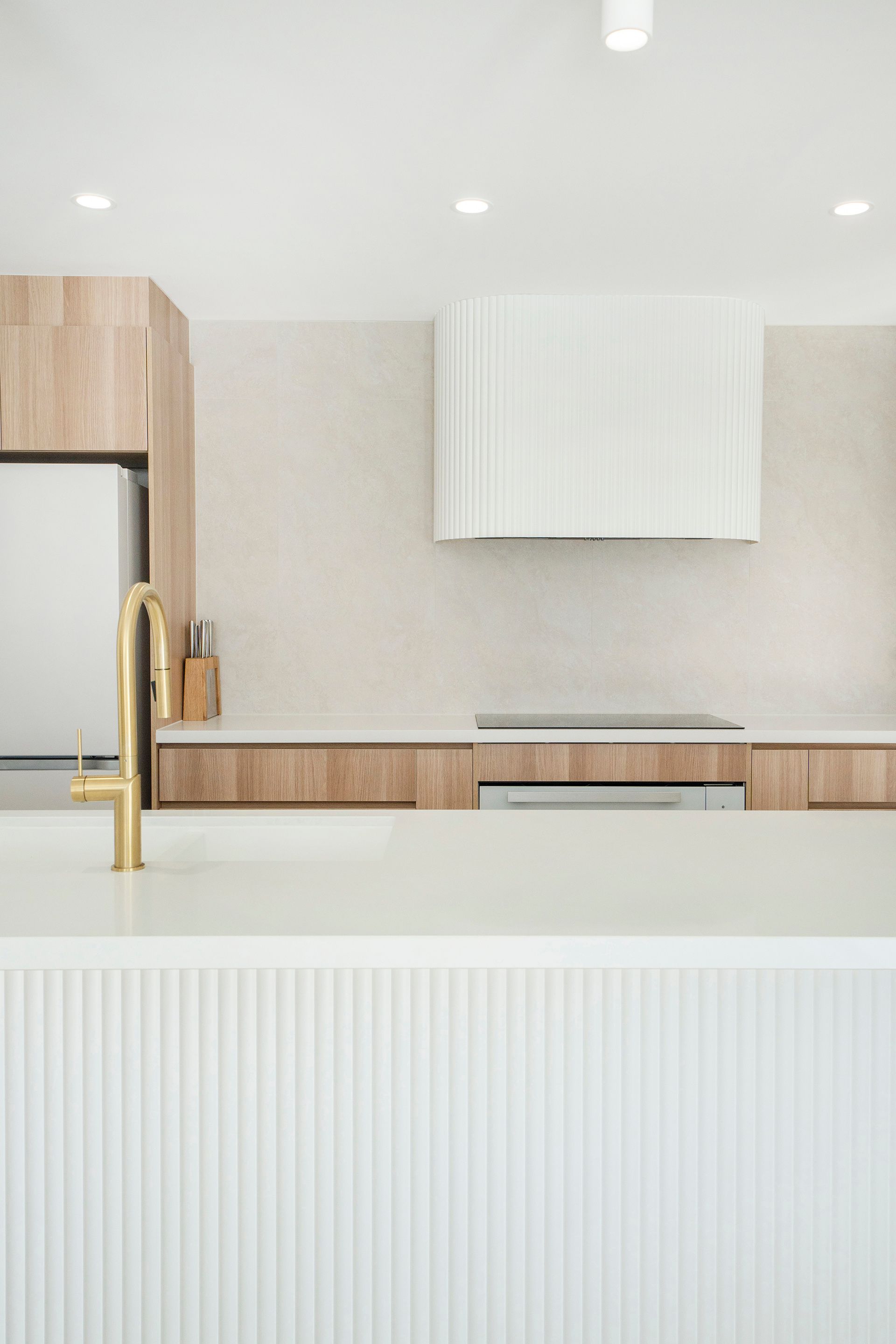 A Long Kitchen With White Cabinets And Wooden Shelves — Reynolds Built In Little Mountain, QLD