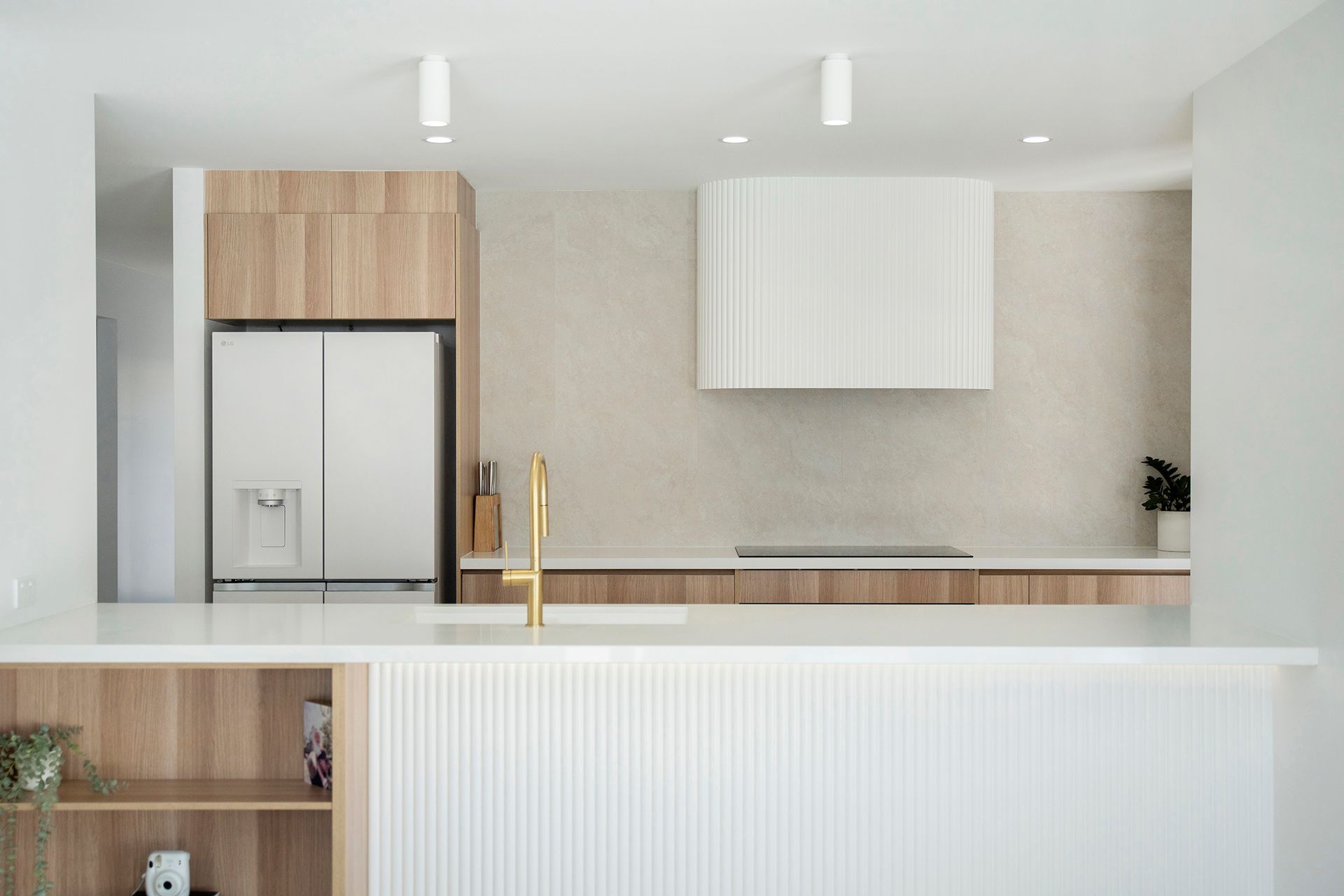 Minimalist Modern Kitchen With White Island, Wood Cabinets — Reynolds Built In Maroochydore, QLD