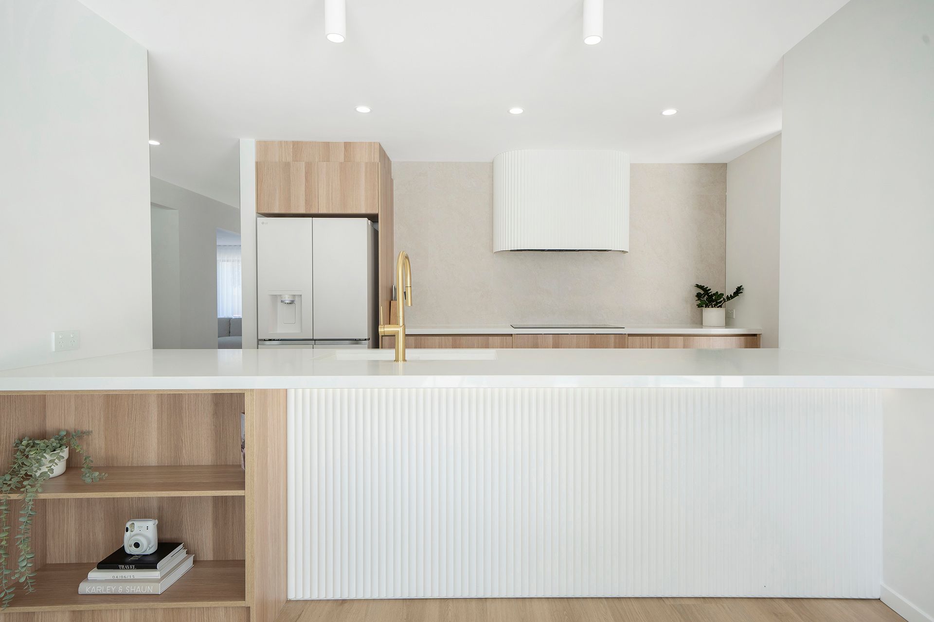A Long Kitchen With White Cabinets And Wooden Shelves — Reynolds Built In Sunshine Coast, QLD