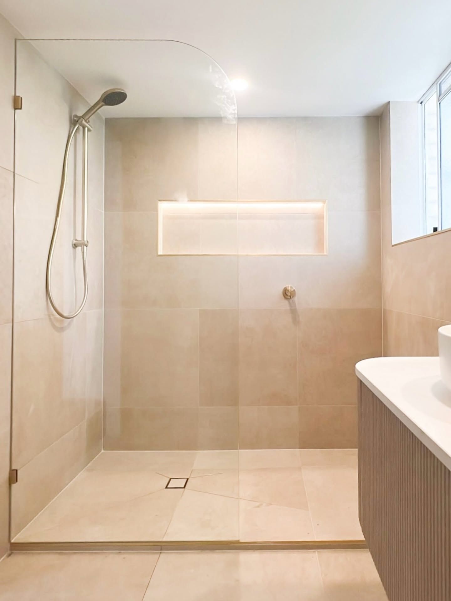 Minimalist Bathroom With Beige Tiles — Reynolds Built In Caloundra, QLD