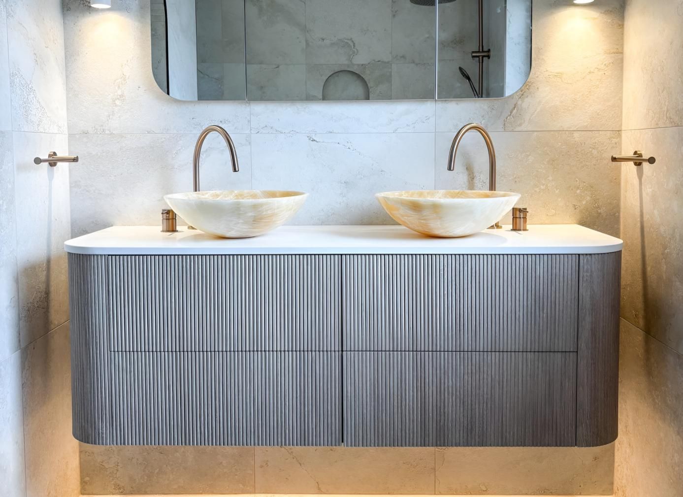 Modern Bathroom Vanity With Two Vessel Sinks, Brushed Faucets, and a Mirrored — Reynolds Built In Moffat Beach, QLD