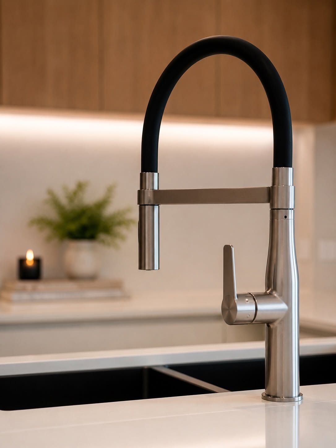 Modern Kitchen Faucet With Black Flexible Spout Over a White Sink — Reynolds Built In Moffat Beach, QLD