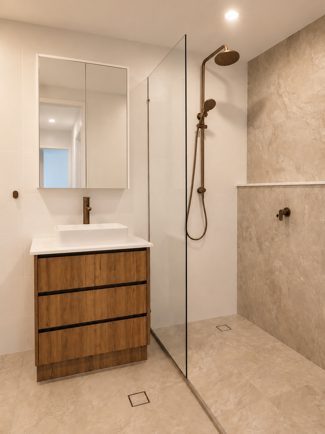 Modern Bathroom with Wood Vanity, Mirror — Reynolds Built in Moffat Beach, QLD