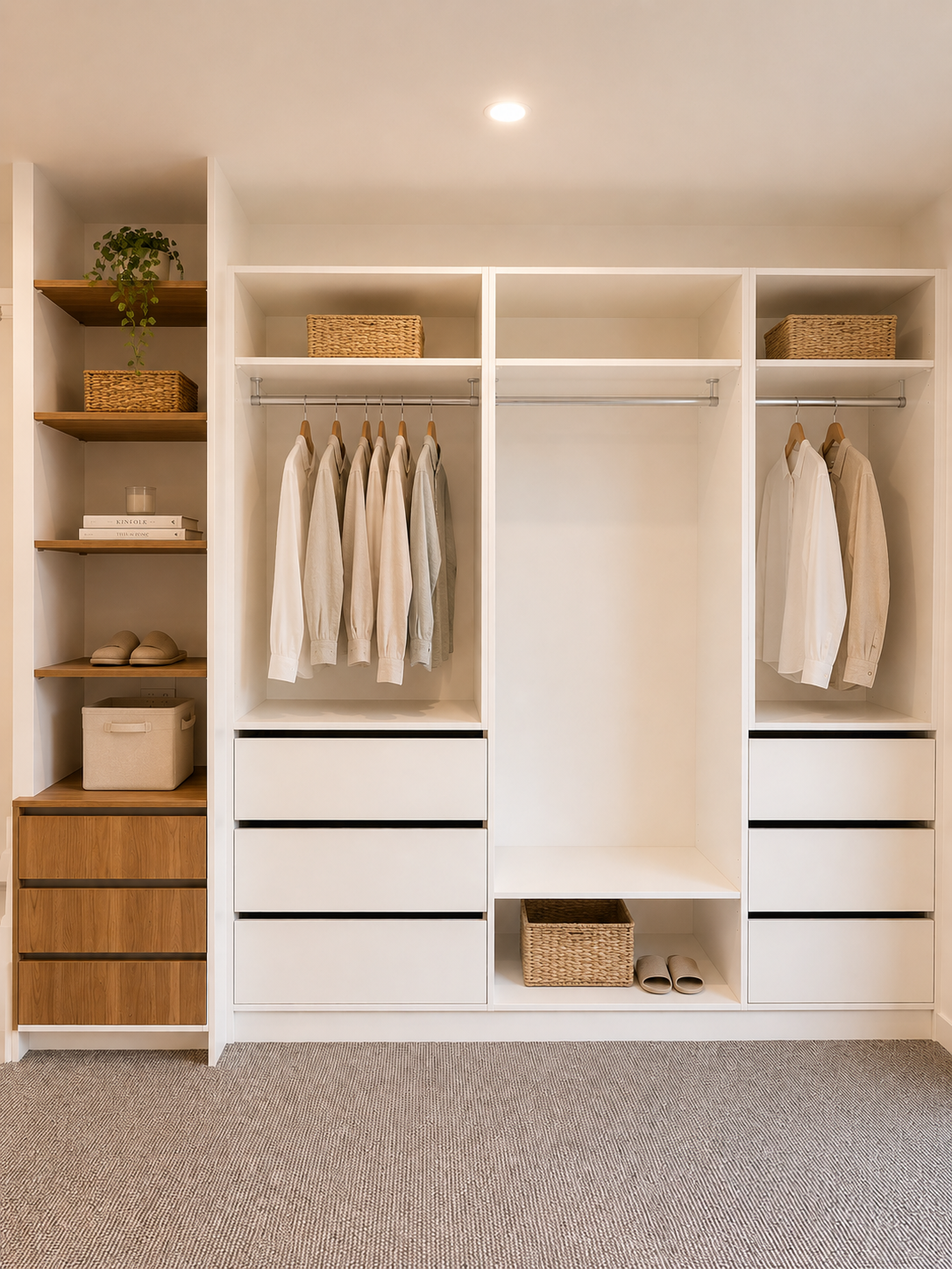 Modern Walk-In Closet with White Shelves, Hanging Clothes, Drawers, Baskets — Reynolds Built in Moffat Beach, QLD