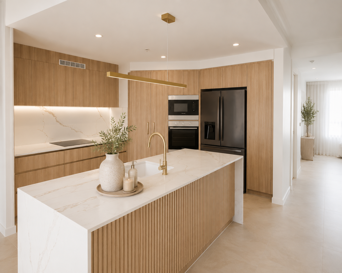 Modern White Kitchen With Wood Cabinets, Large Island — Reynolds Built In Moffat Beach, QLD