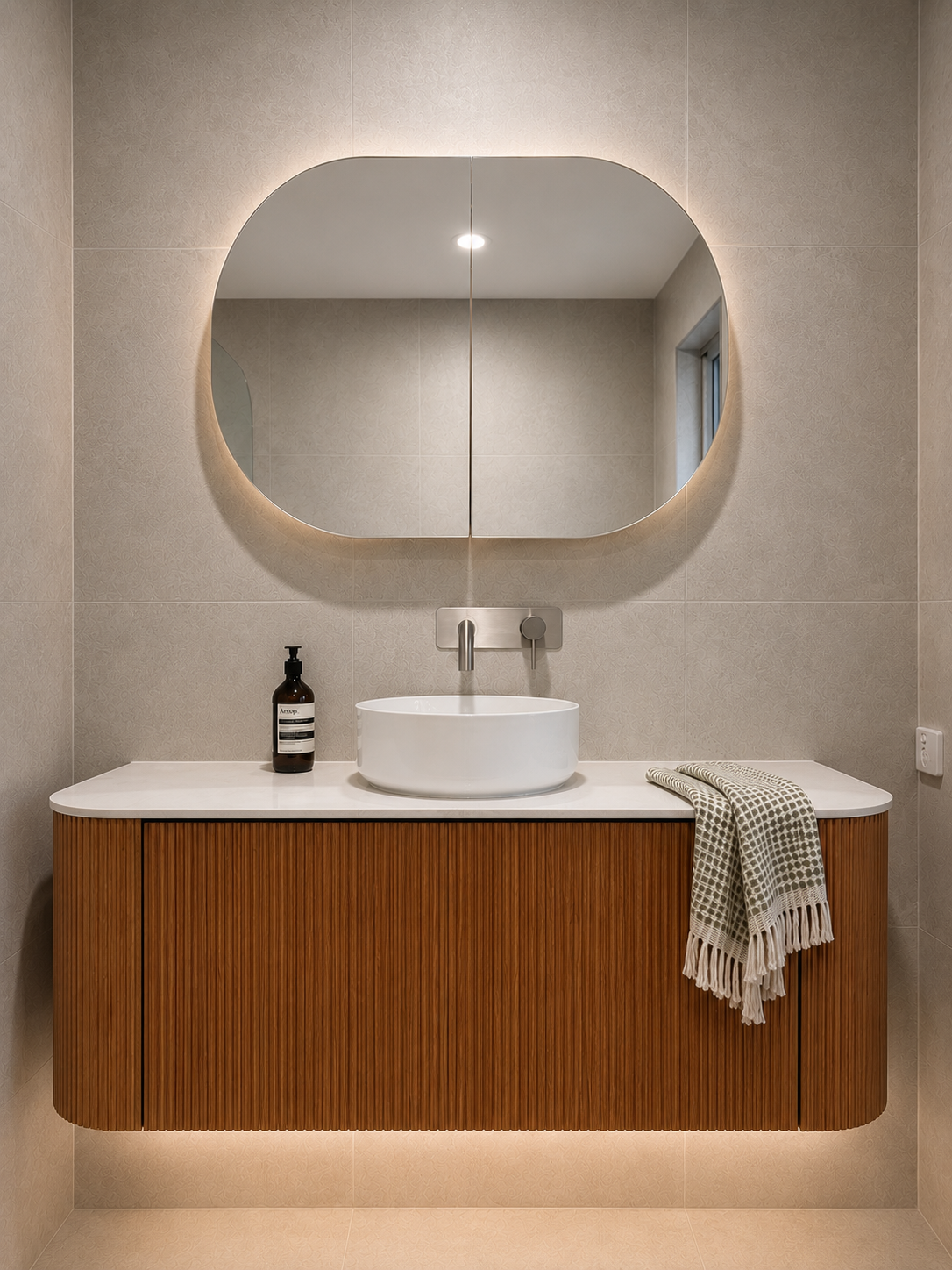 Modern Bathroom Vanity with Round Mirror, White Sink, Wood Cabinet — Reynolds Built in Moffat Beach, QLD