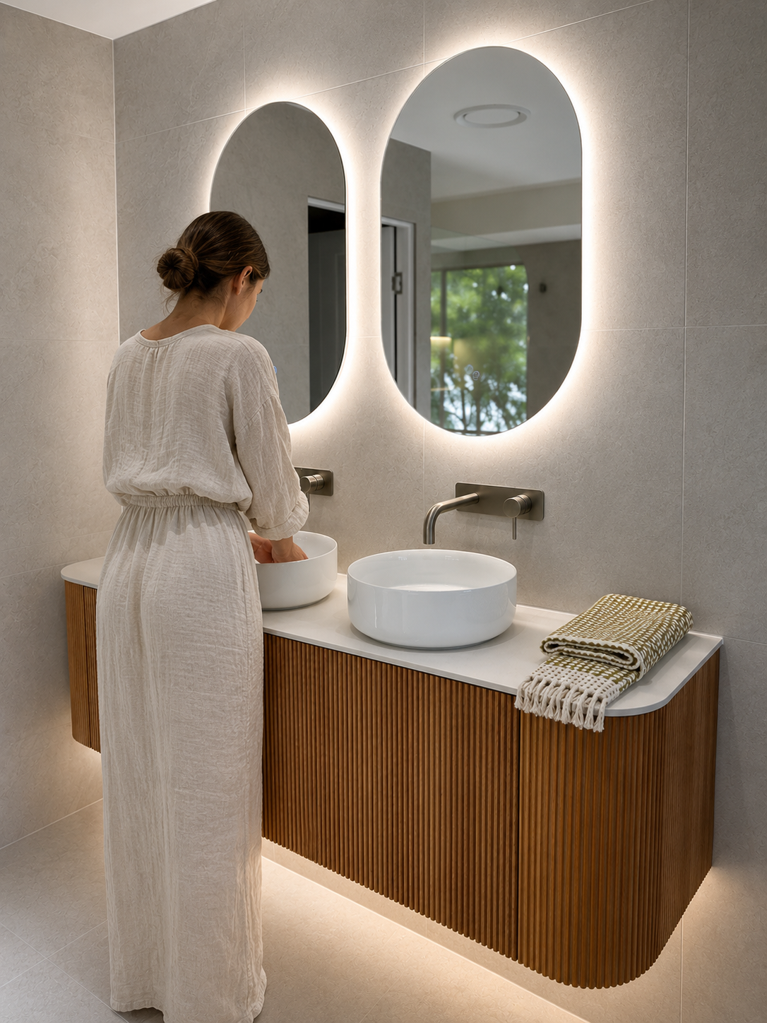 Person at A Modern Bathroom Vanity with Oval Mirrors, White Sink — Reynolds Built in Moffat Beach, QLD