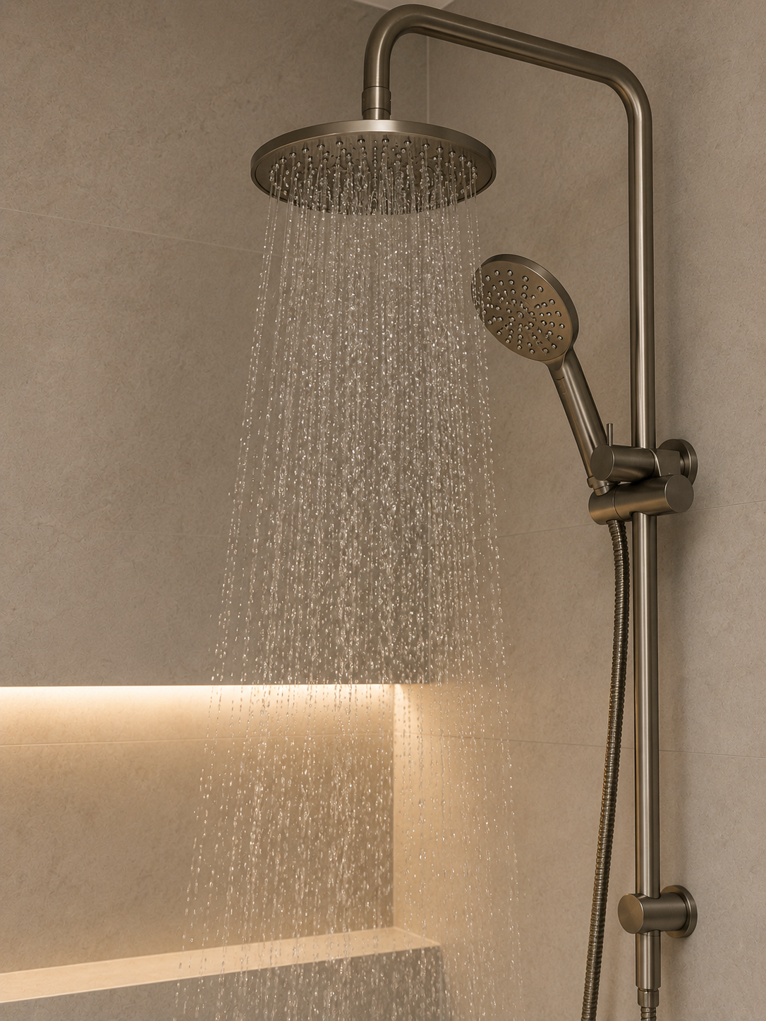 Modern Chrome Showerhead Spraying Water in A Tiled Bathroom — Reynolds Built in Moffat Beach, QLD