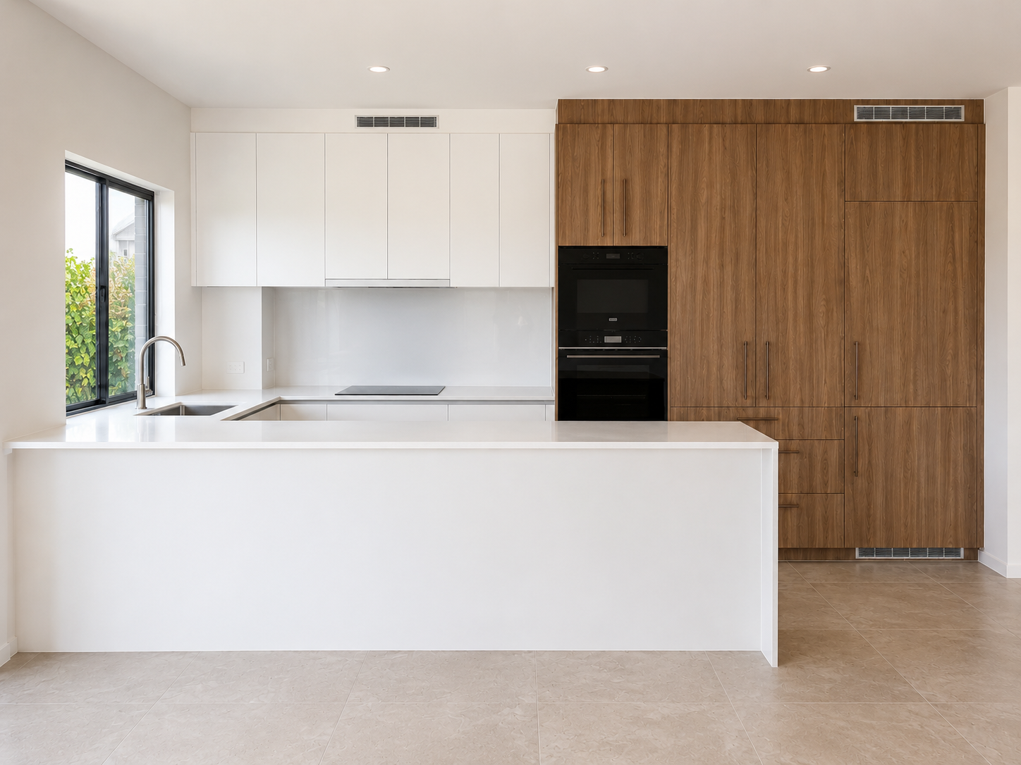 Modern White Kitchen With Wood-paneled Cabinets, Island — Reynolds Built In Maroochydore, QLD