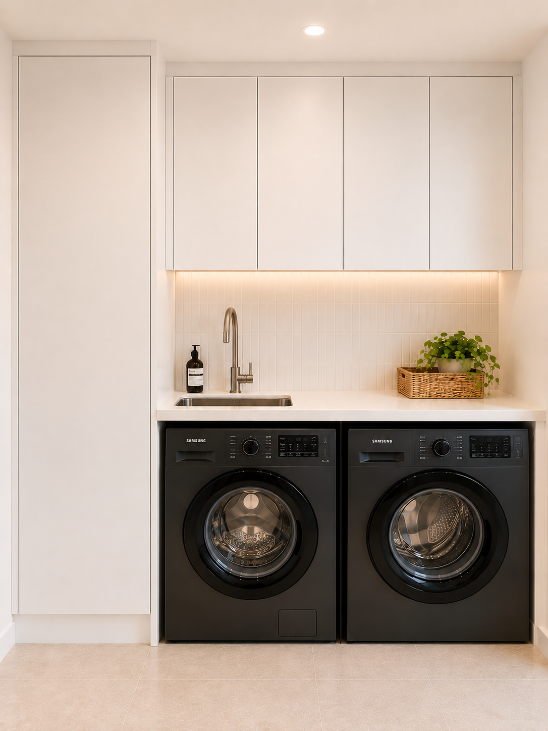 Modern Laundry Room with Stacked White Cabinets, Sink — Reynolds Built in Moffat Beach, QLD