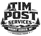 Tim Post Services logo with pine trees and “Mount Horeb, WI” and “Wisconsin Proud” text