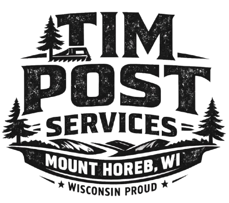 Tim Post Services logo with pine trees and “Mount Horeb, WI” and “Wisconsin Proud” text
