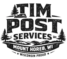 Tim Post Services logo with pine trees and “Mount Horeb, WI” and “Wisconsin Proud” text
