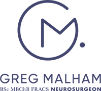 A logo for greg malham , a neurosurgeon.