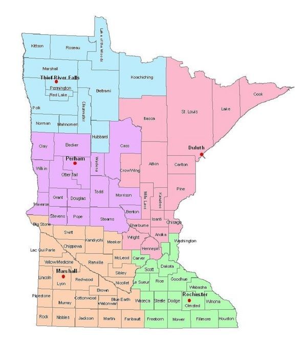 A map of the state of minnesota is divided into sections
