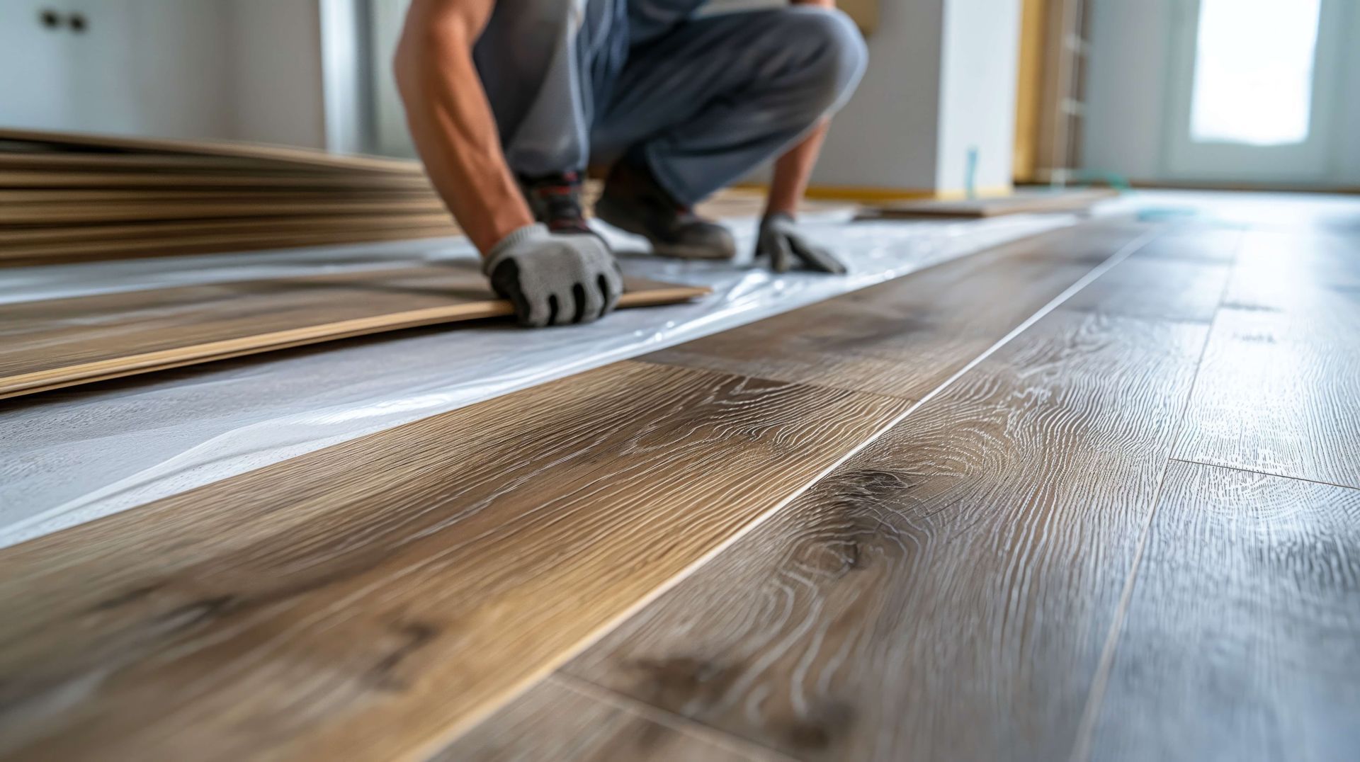 A man is installing a wooden floor in a room.