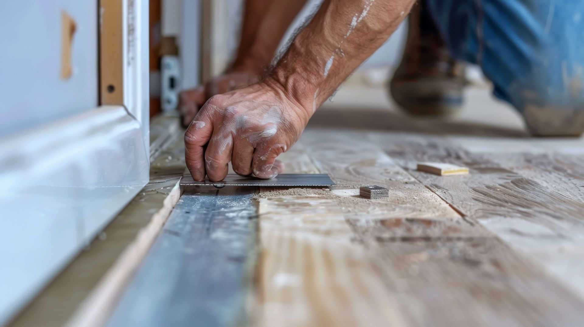 A man is installing a wooden floor in a room.