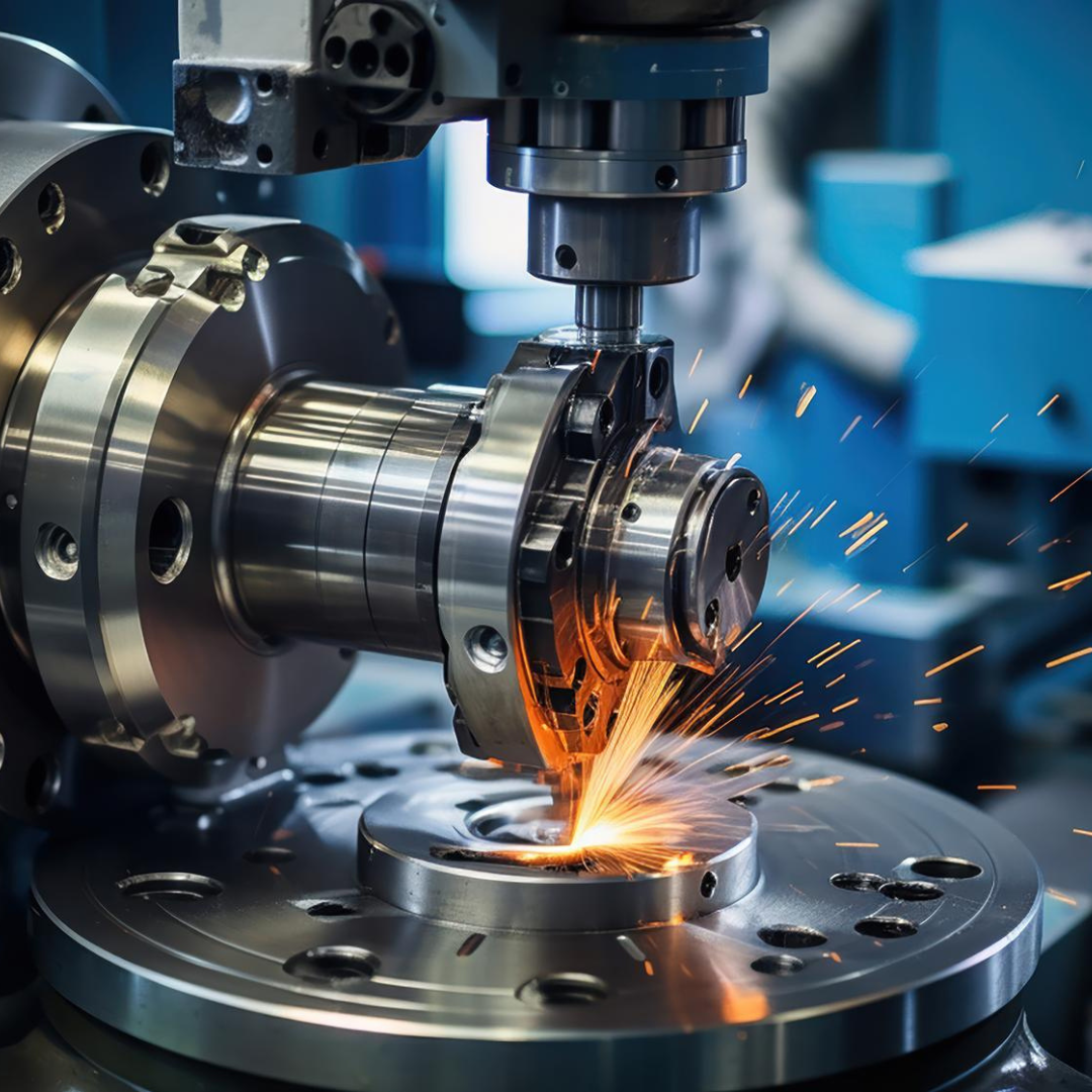 A CNC machine cutting metal, creating sparks.