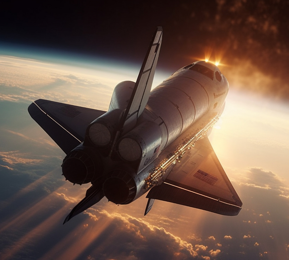 Space Shuttle soaring through space with the sun setting in the background.