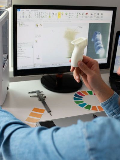 Engineer reviewing a small 3D-printed prototype by the monitor.