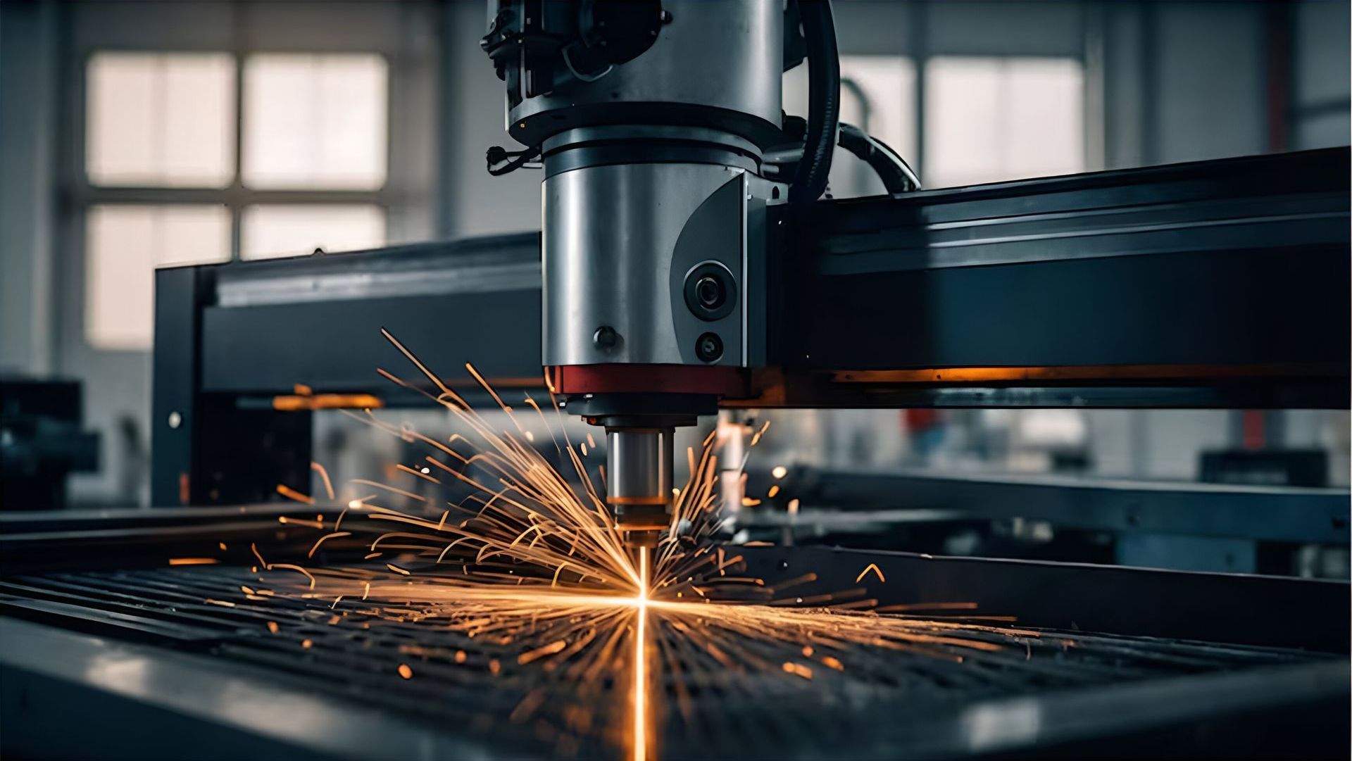 Laser cutting machine throwing sparks across sheet metal.