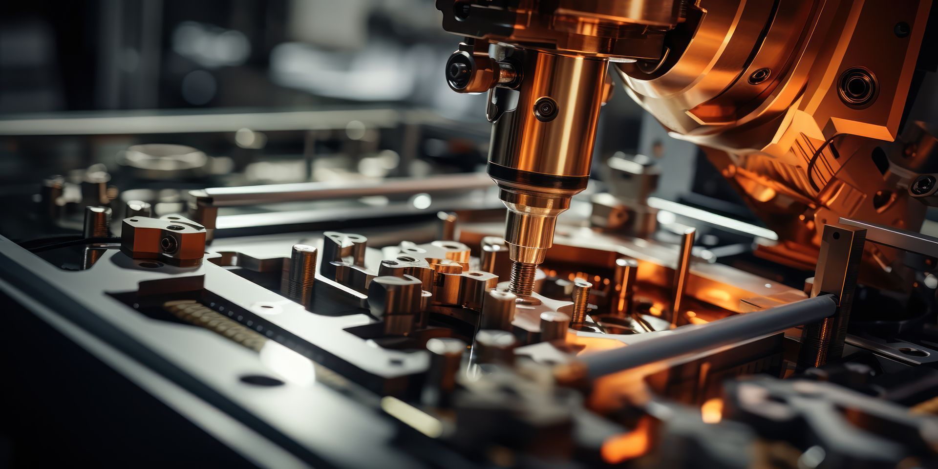 Close-up of precision tooling inside a machine.