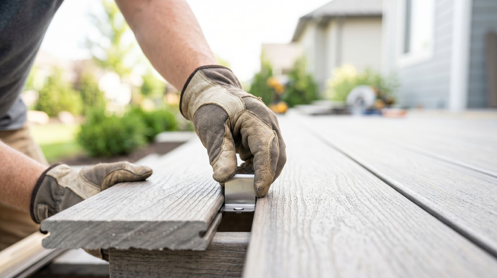 Close-up of a deck contractor's gloved hand securing a decking board with a hidden clip.
