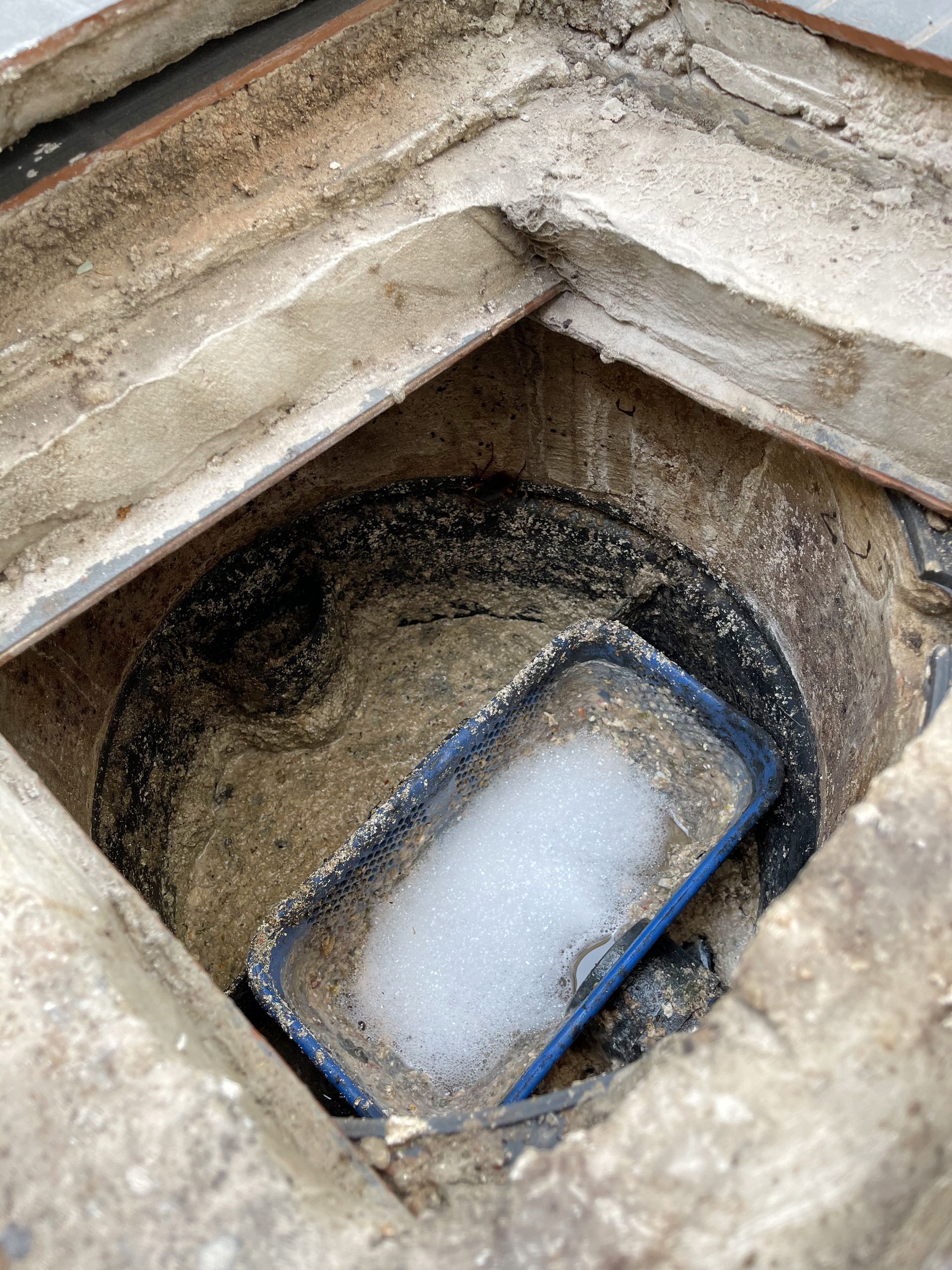 Open drain with a plastic container inside, filled with foamy liquid and debris.