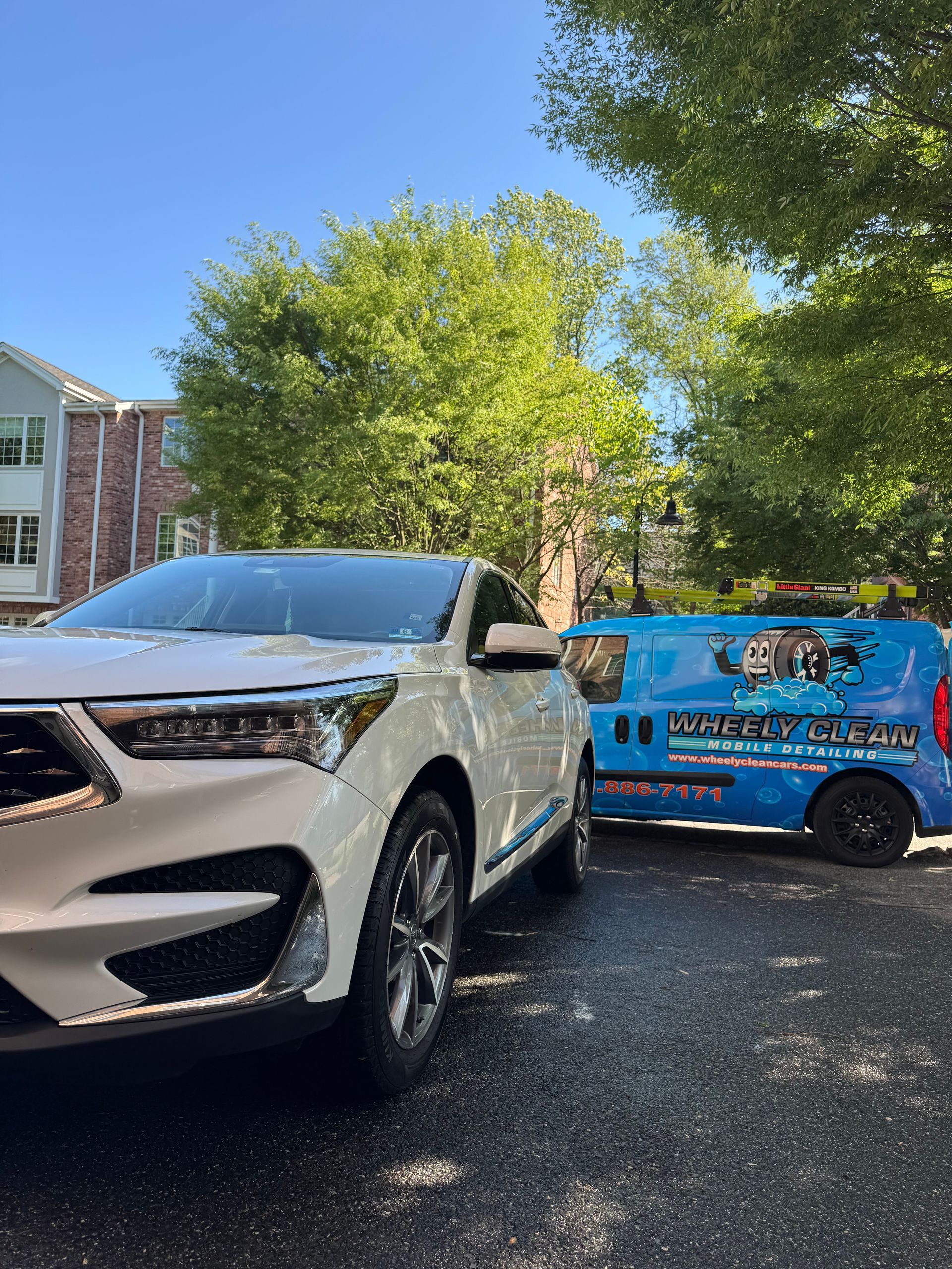 White SUV and blue service van parked outdoors on a sunny day.