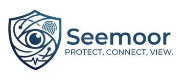 Blue eye-shaped logo with the word