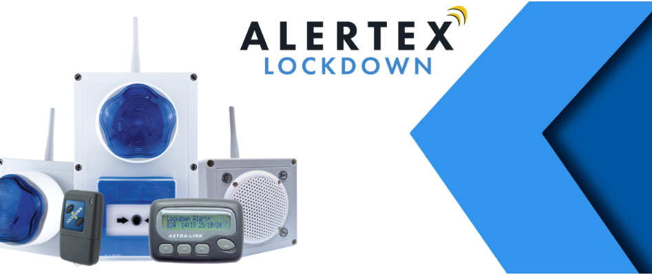 AlertTex Lockdown devices, including a pager, alarm, and blue-lit components, set against a blue background.