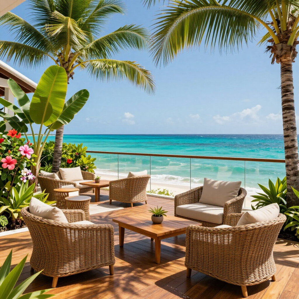 Tropical beachfront patio with wicker chairs, a table, palm trees, and turquoise ocean views