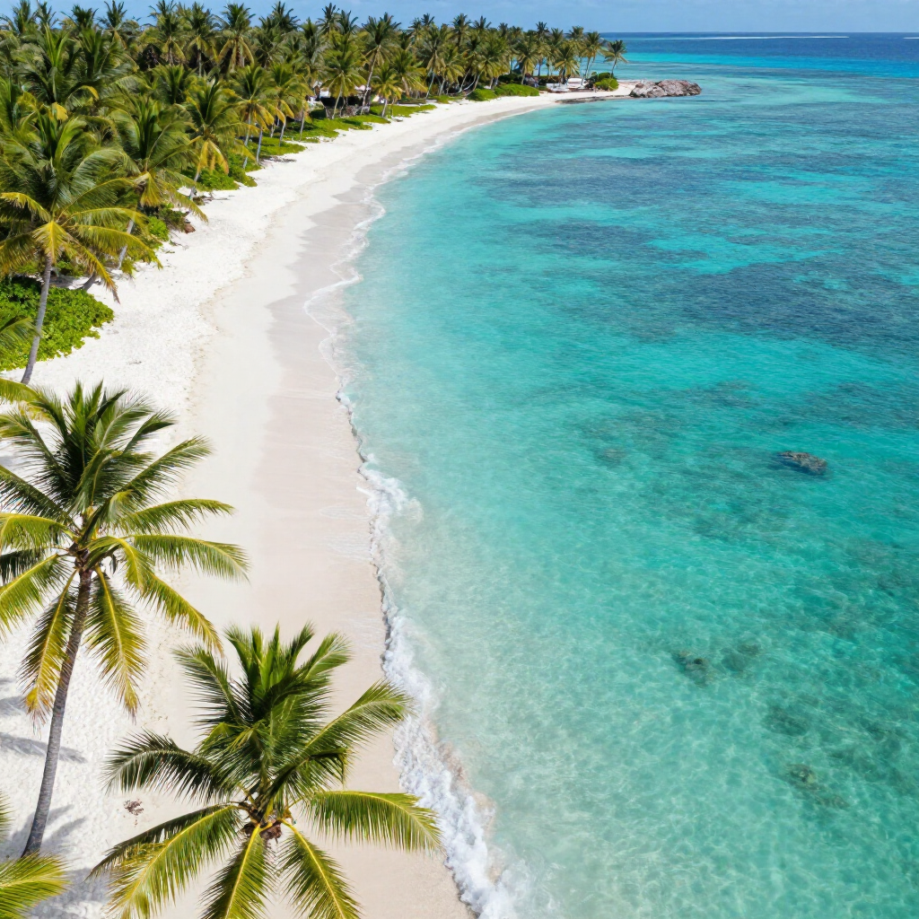Aerial view of a white sandy tropical beach with turquoise water and palm trees