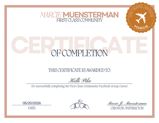 Pink and gold certificate of completion with ornate border and aviation emblem