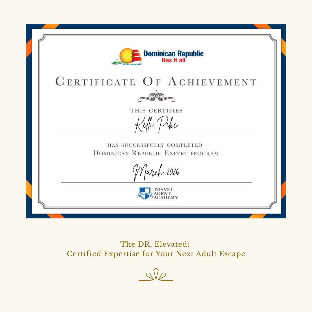 A Dominican Republic Expert Program certificate awarded to Kelli Pike on March 9, 2024, by the Travel Agent Academy.