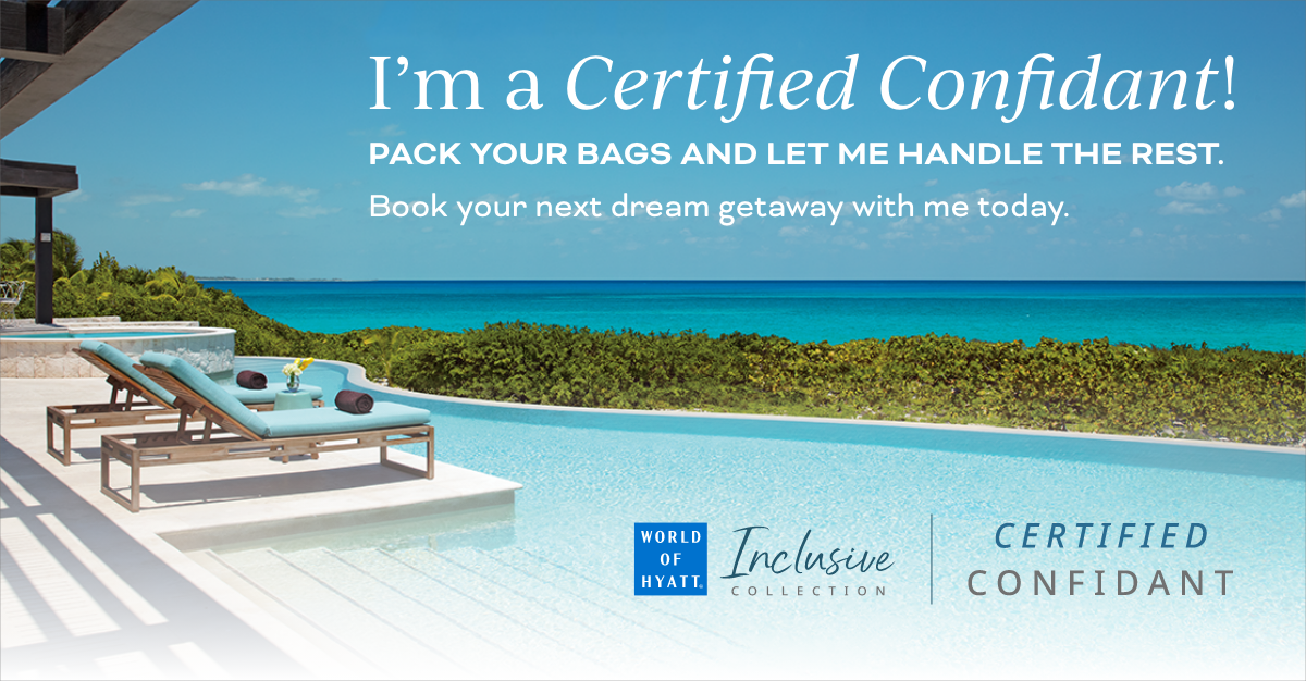 Lounge chairs by an infinity pool overlooking the ocean, promoting a travel booking service with