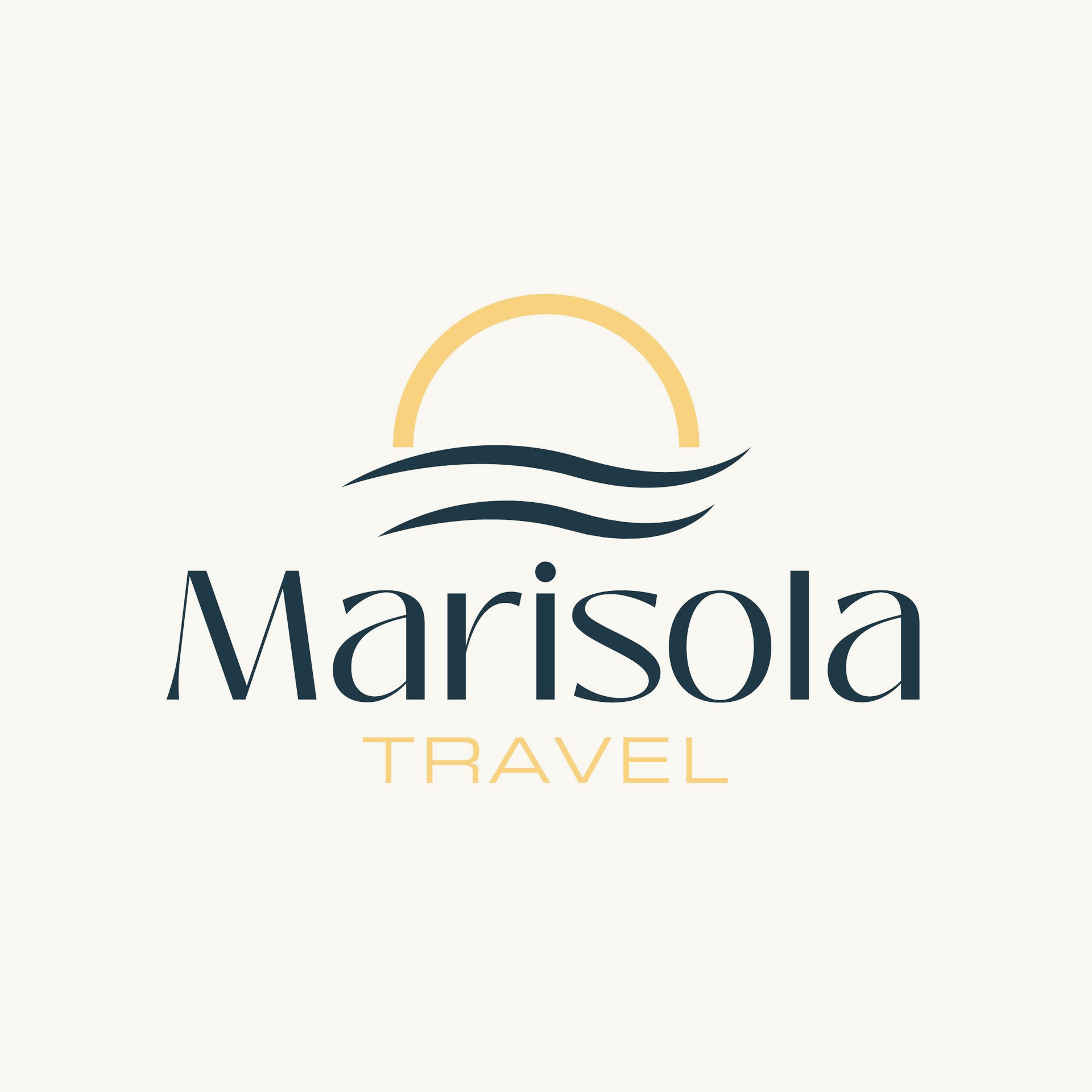 Marisola Travel logo with gold sunrise and navy wave lines on a light background